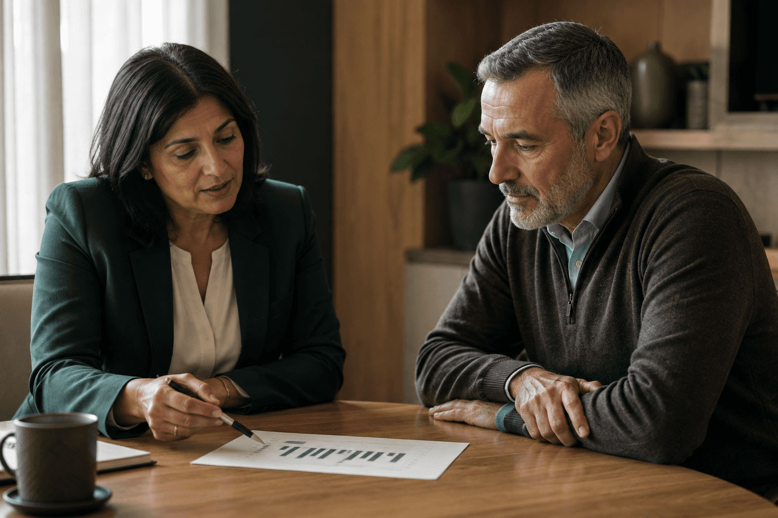 Two professionals reviewing a financial plan together at a table, one gesturing toward a printed chart.