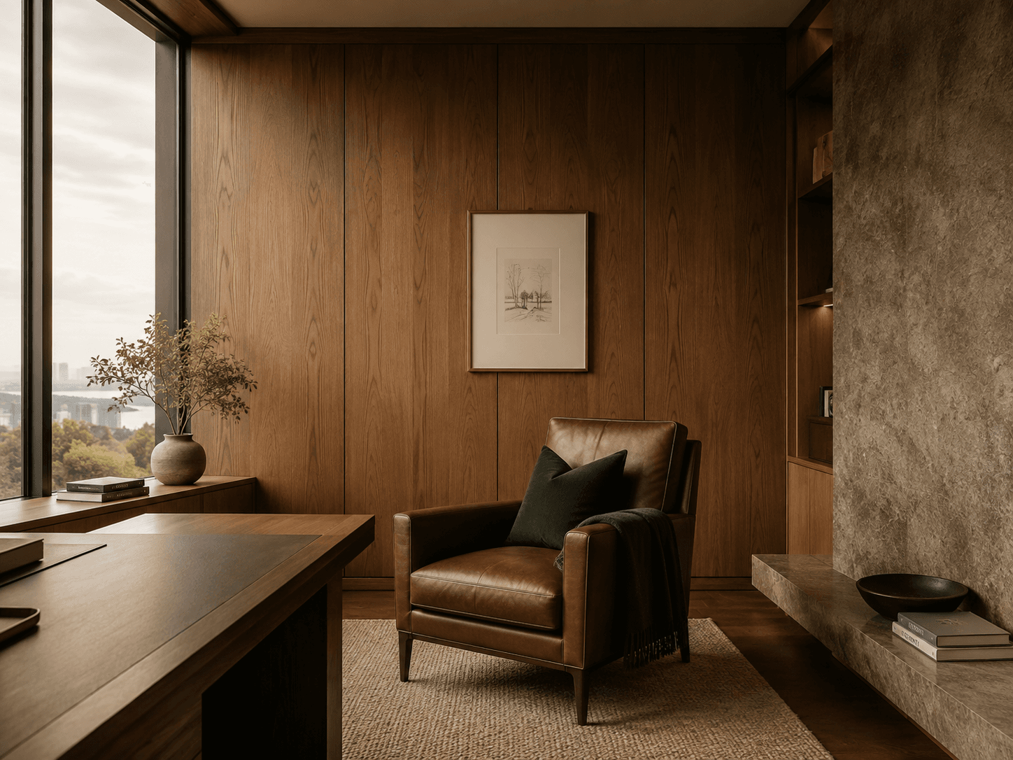 Interior detail of a warm, minimal advisory office with oak paneling, stone accents, and soft natural light.