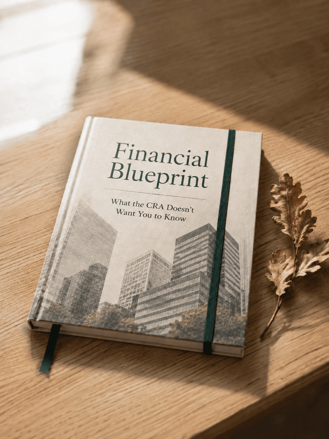A close-up of the Oakridge Financial Blueprint cover page resting on an oak desk.