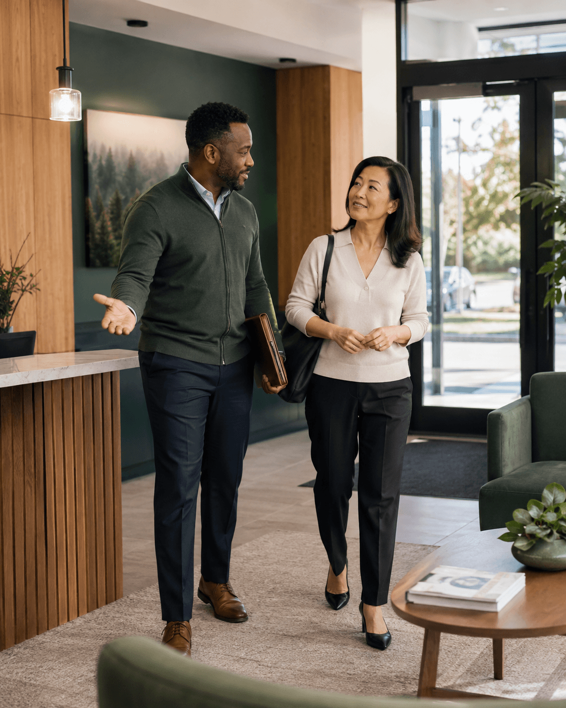 An advisor greeting a business owner in a bright, minimal office reception area.
