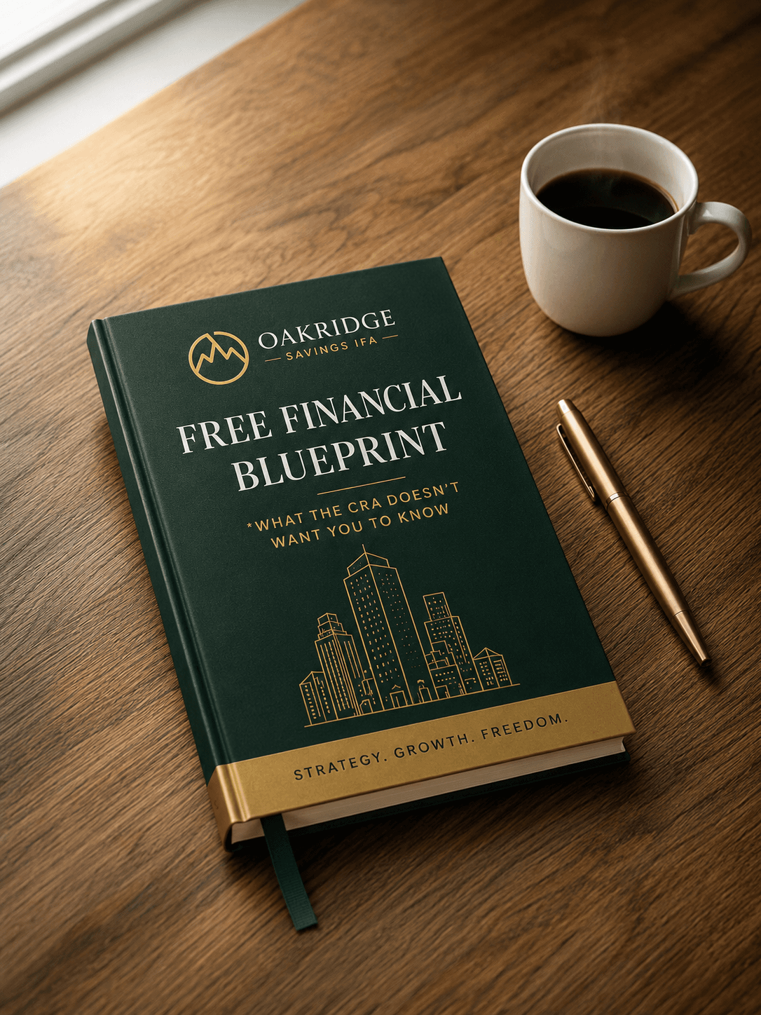 A bound Oakridge Financial Blueprint document resting on a desk beside a pen and a cup of coffee.