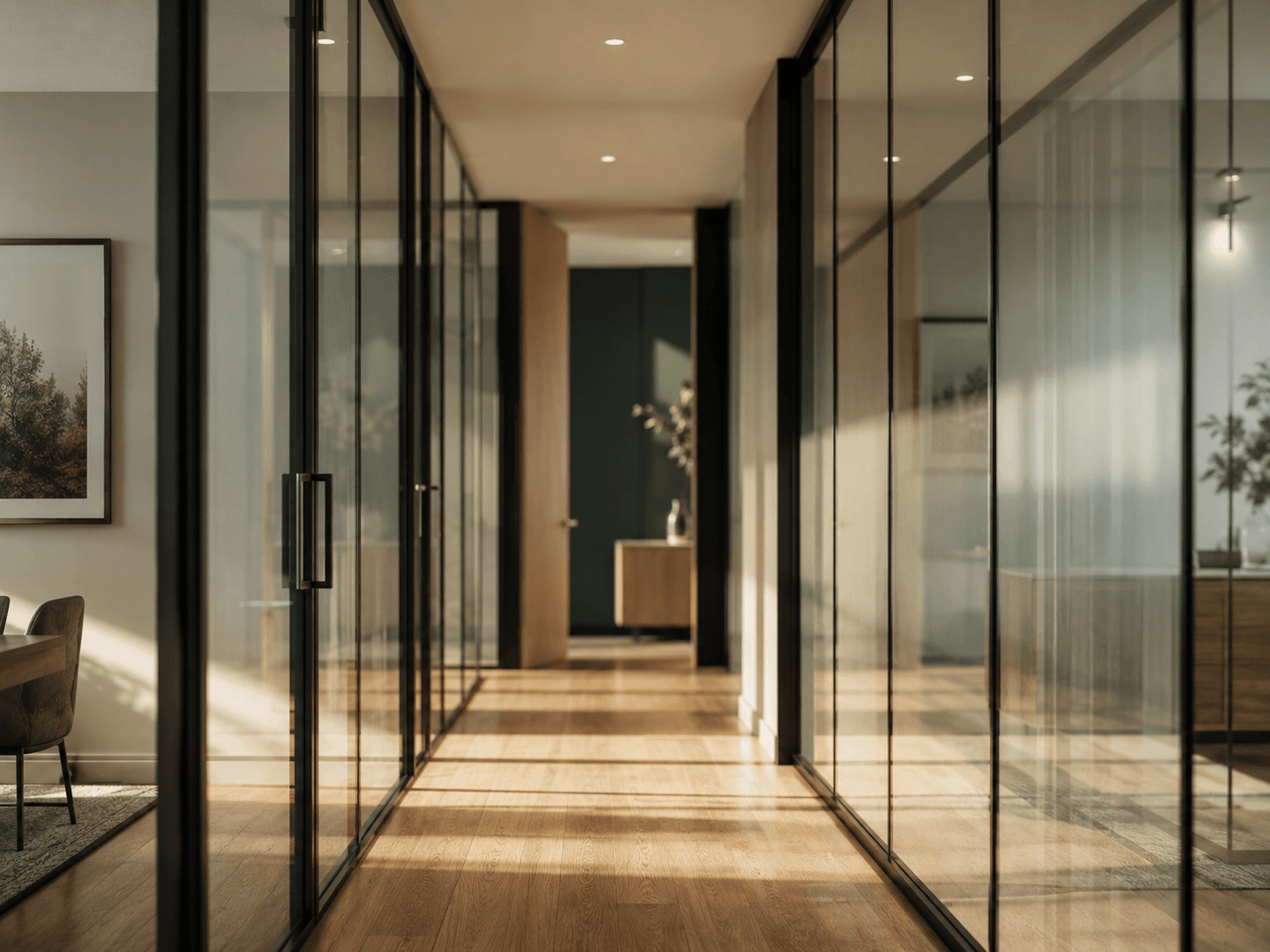 A glass-walled office corridor with soft daylight, evoking transparency and access to capital.