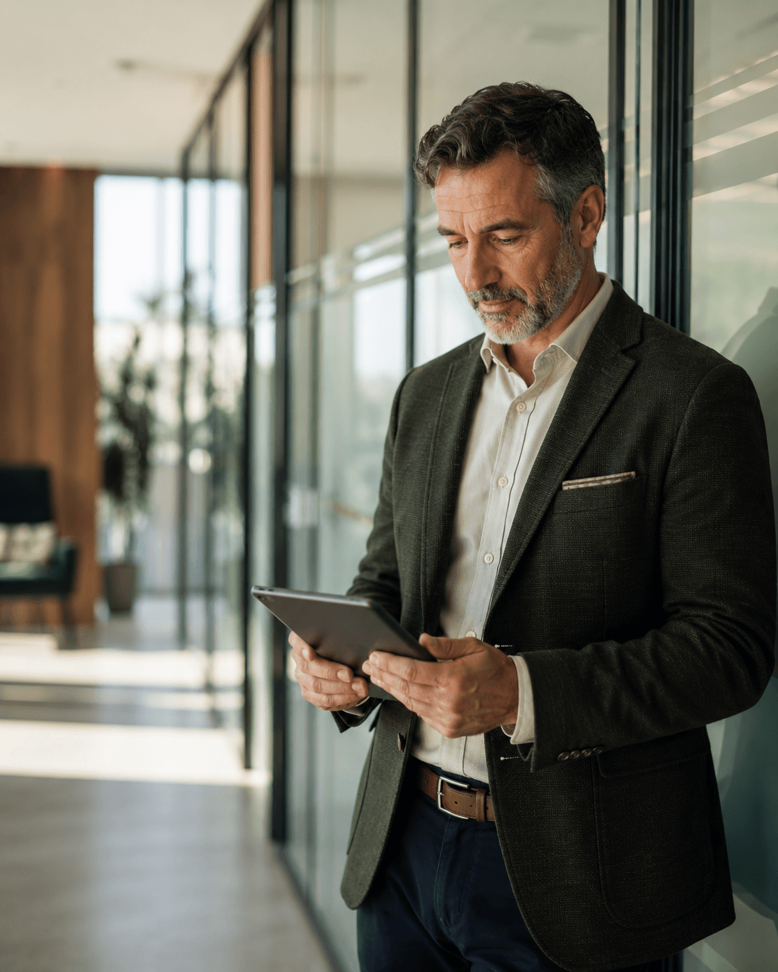 A business owner standing near a glass office wall, reviewing a tablet showing corporate account details.