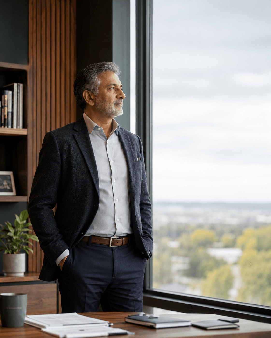 A mature business owner looking out a large office window, contemplating the transition from running the business to retirement.